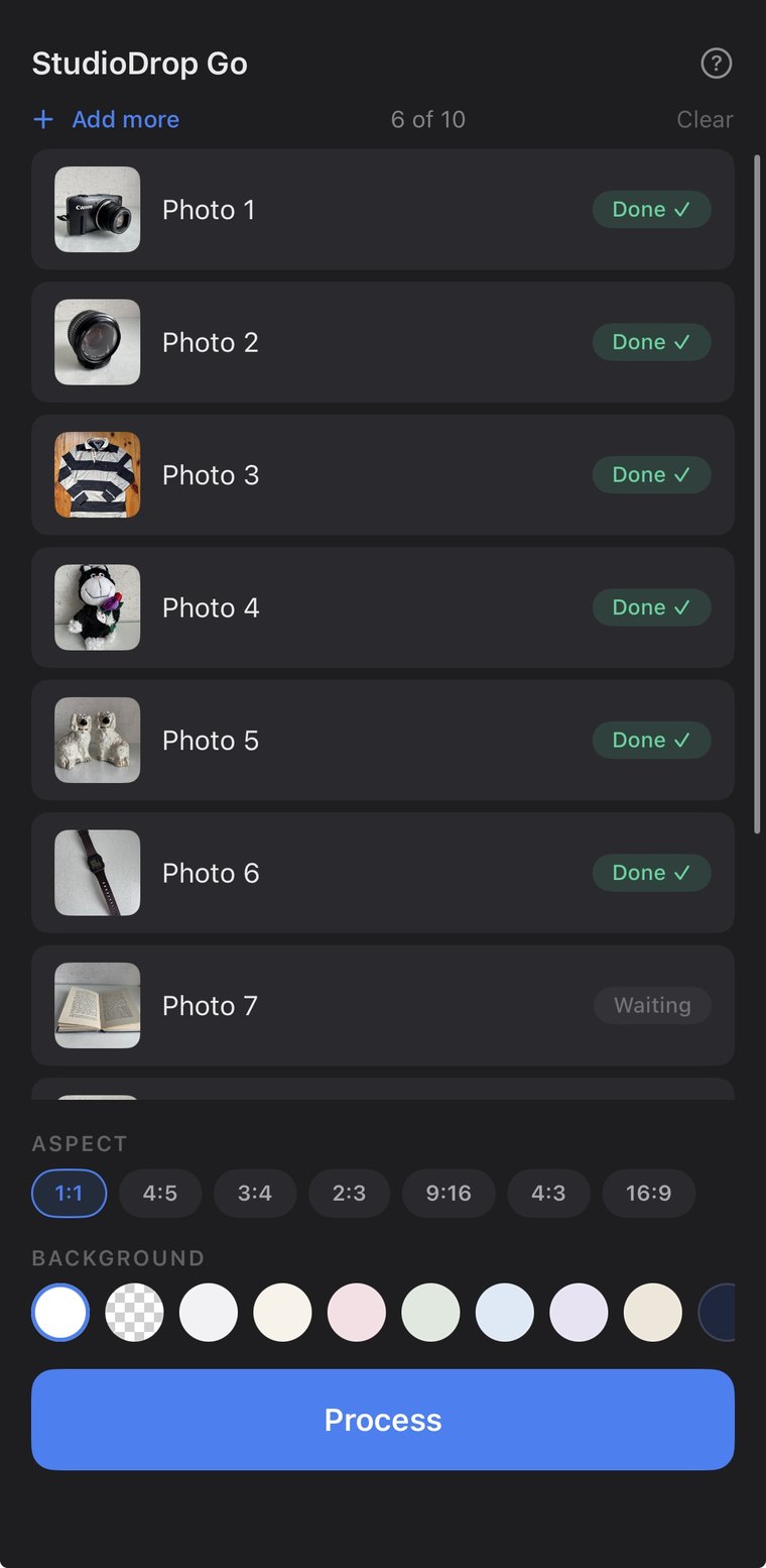 Six of ten photos processed and marked Done in StudioDrop Go