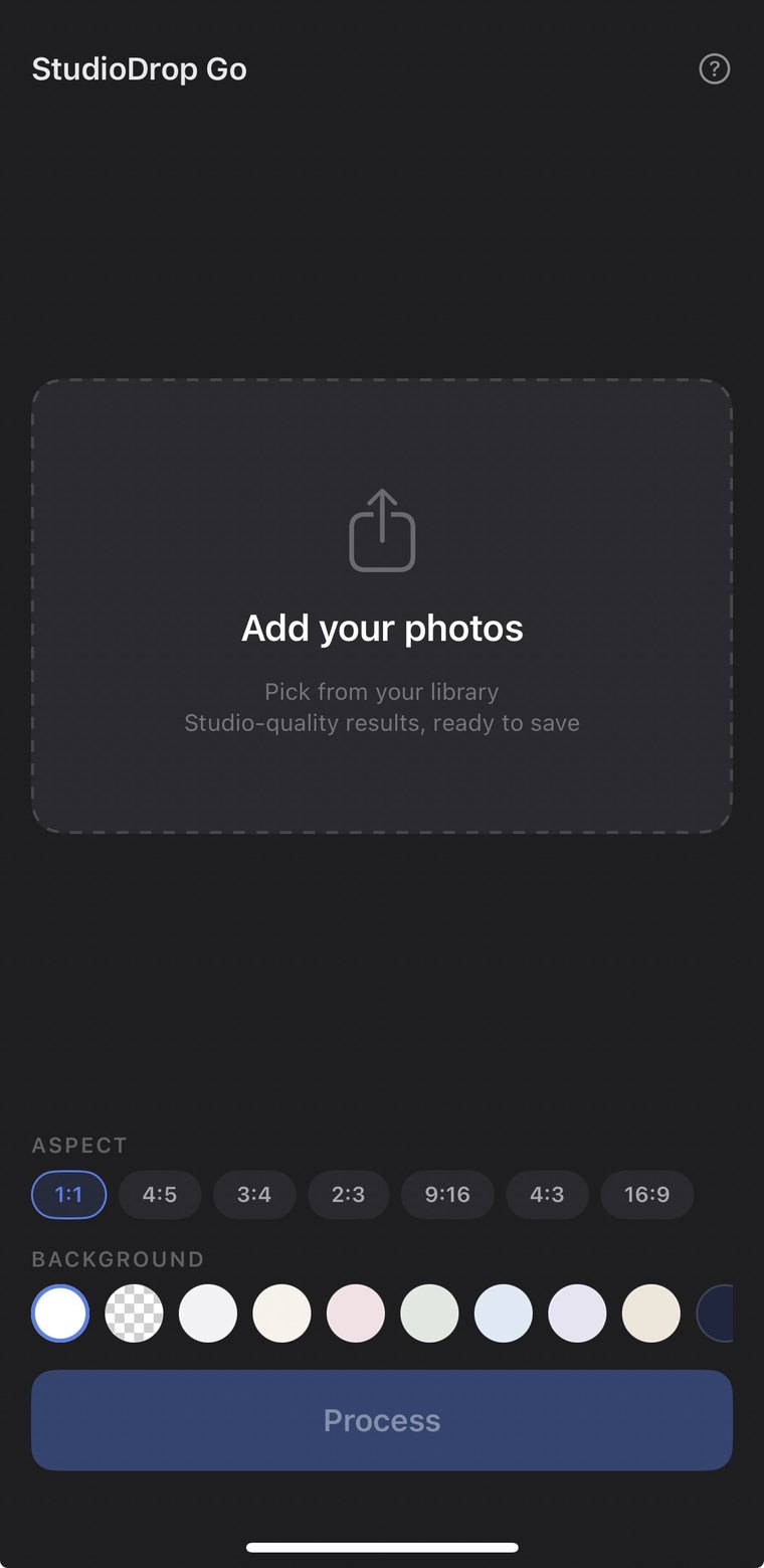 StudioDrop Go on iPhone: the empty state, with aspect ratio and backdrop pickers ready