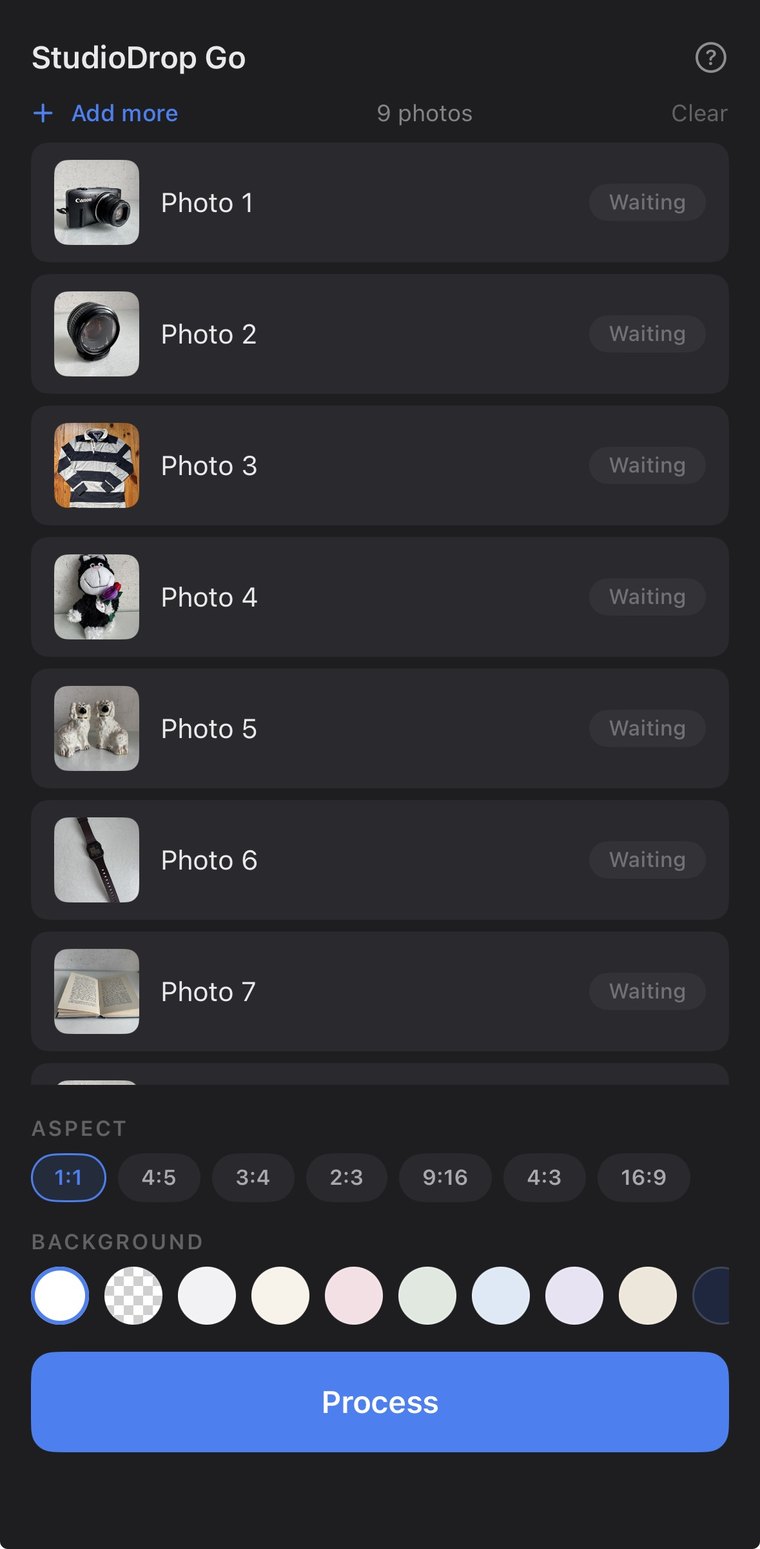 Nine photos queued in StudioDrop Go, waiting to be processed