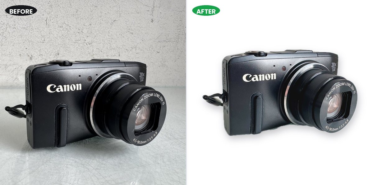 A Canon compact camera on a concrete worktop, and the same photo cut out onto pure white