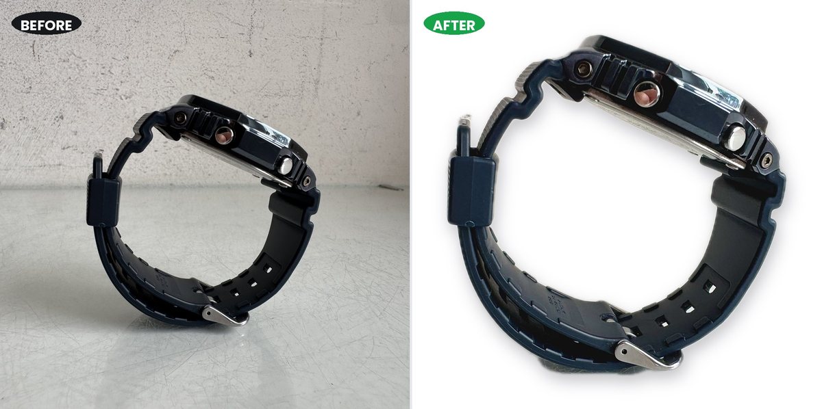 A G-Shock watch strap curled open, before and after background removal, showing the gap inside the strap cut out cleanly