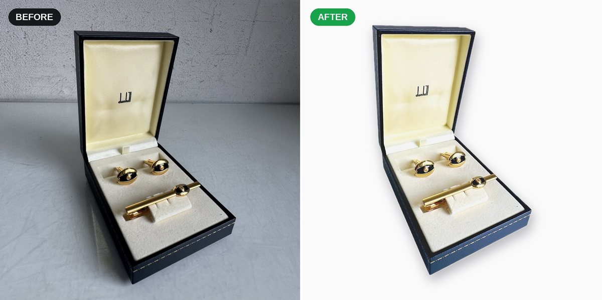 A boxed Dunhill cufflinks and tie pin set photographed on a concrete worktop, and the same photo cut out onto pure white