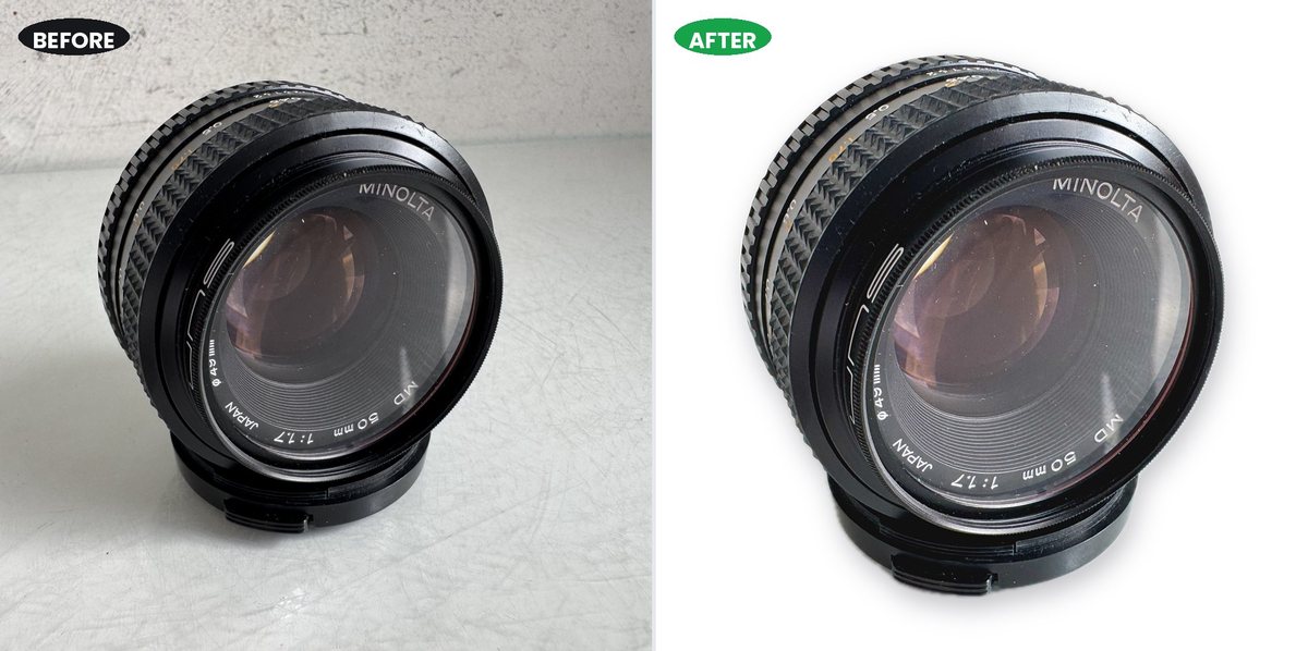 A Minolta 50mm lens on a concrete worktop, and the same photo cut out onto pure white