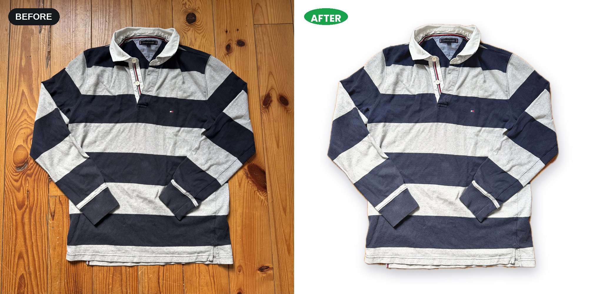 A Tommy Hilfiger striped rugby shirt photographed on a wooden floor, and the same photo after StudioDrop: background removed and the shirt placed on pure white