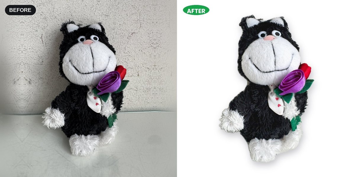 A black and white soft toy cat holding a rose, and the same photo cut out onto pure white