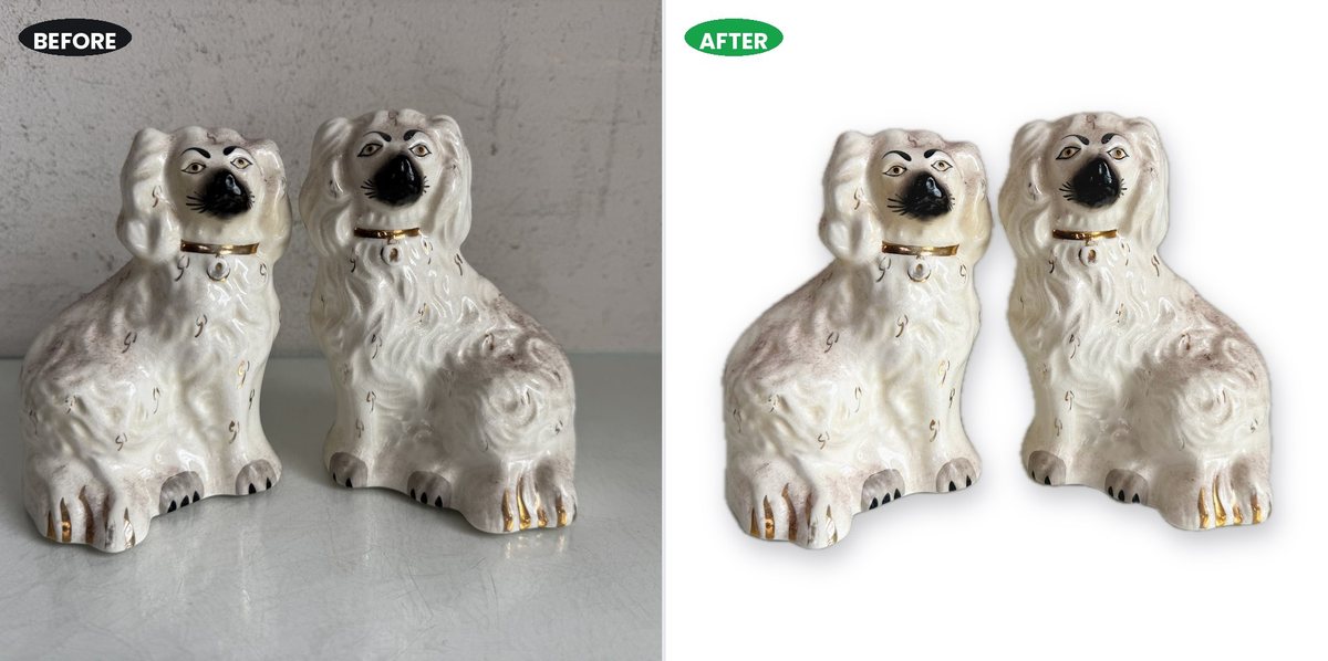 A pair of Staffordshire ceramic dogs on a concrete worktop, and the same photo cut out onto pure white