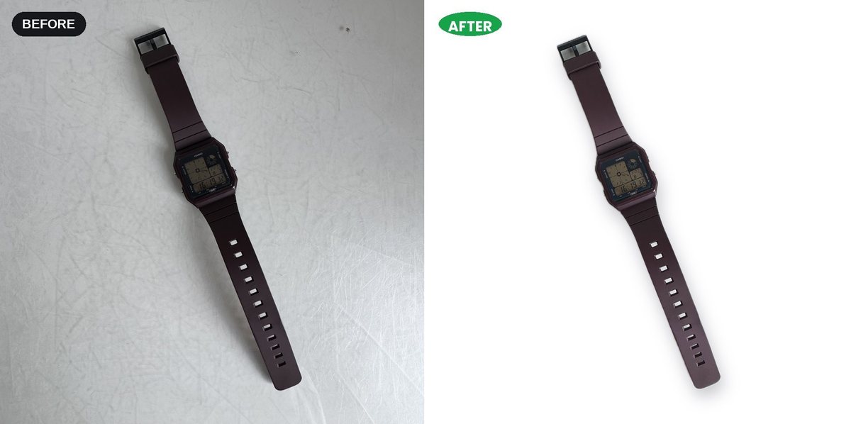 A Casio digital watch with a brown strap, and the same photo cut out onto pure white
