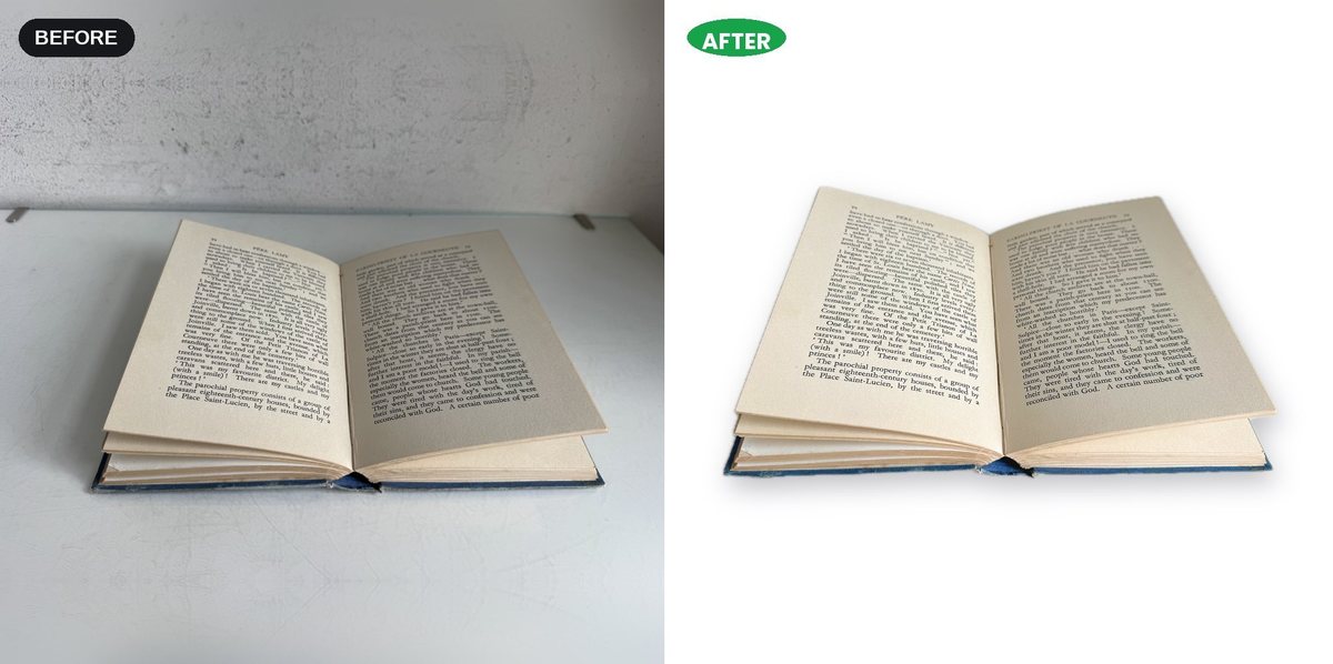 An open hardback book on a concrete worktop, and the same photo cut out onto pure white