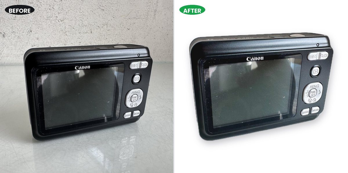 The rear of a Canon PowerShot showing its screen, before and after background removal