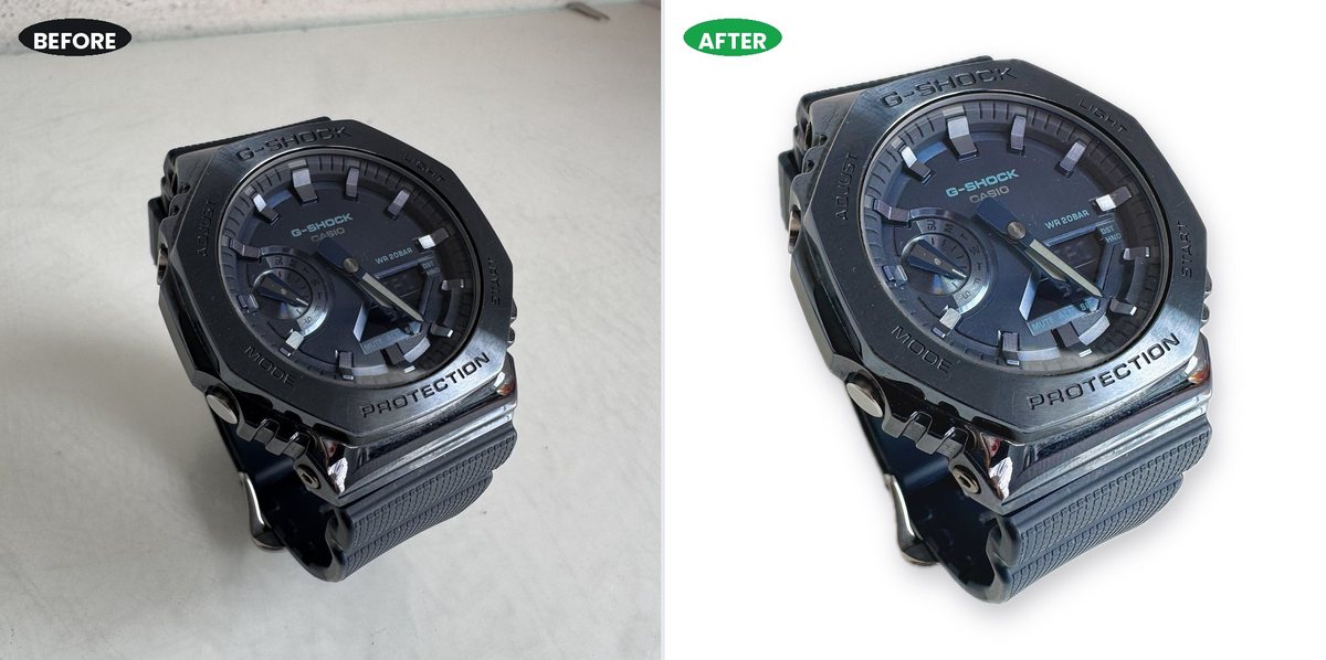 A Casio G-Shock watch on a concrete worktop, and the same photo cut out onto pure white