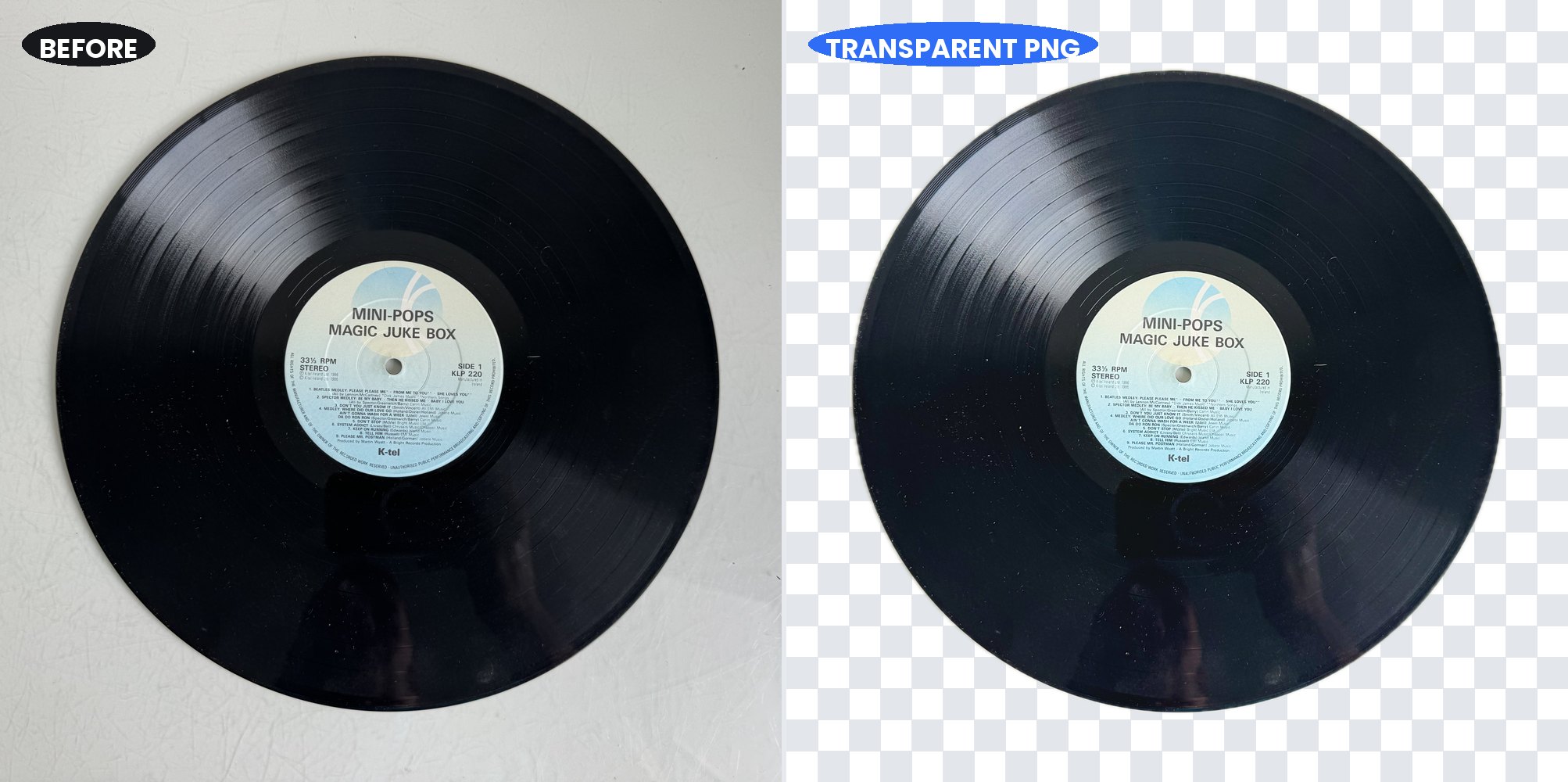 A vinyl LP photographed on a concrete worktop, and the same record exported as a transparent PNG shown on a checkerboard
