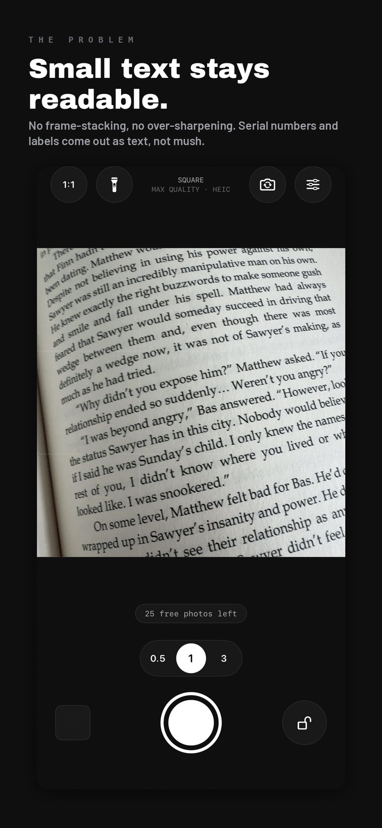 Deadpan photographing a page of printed text: small type stays readable rather than smearing into mush