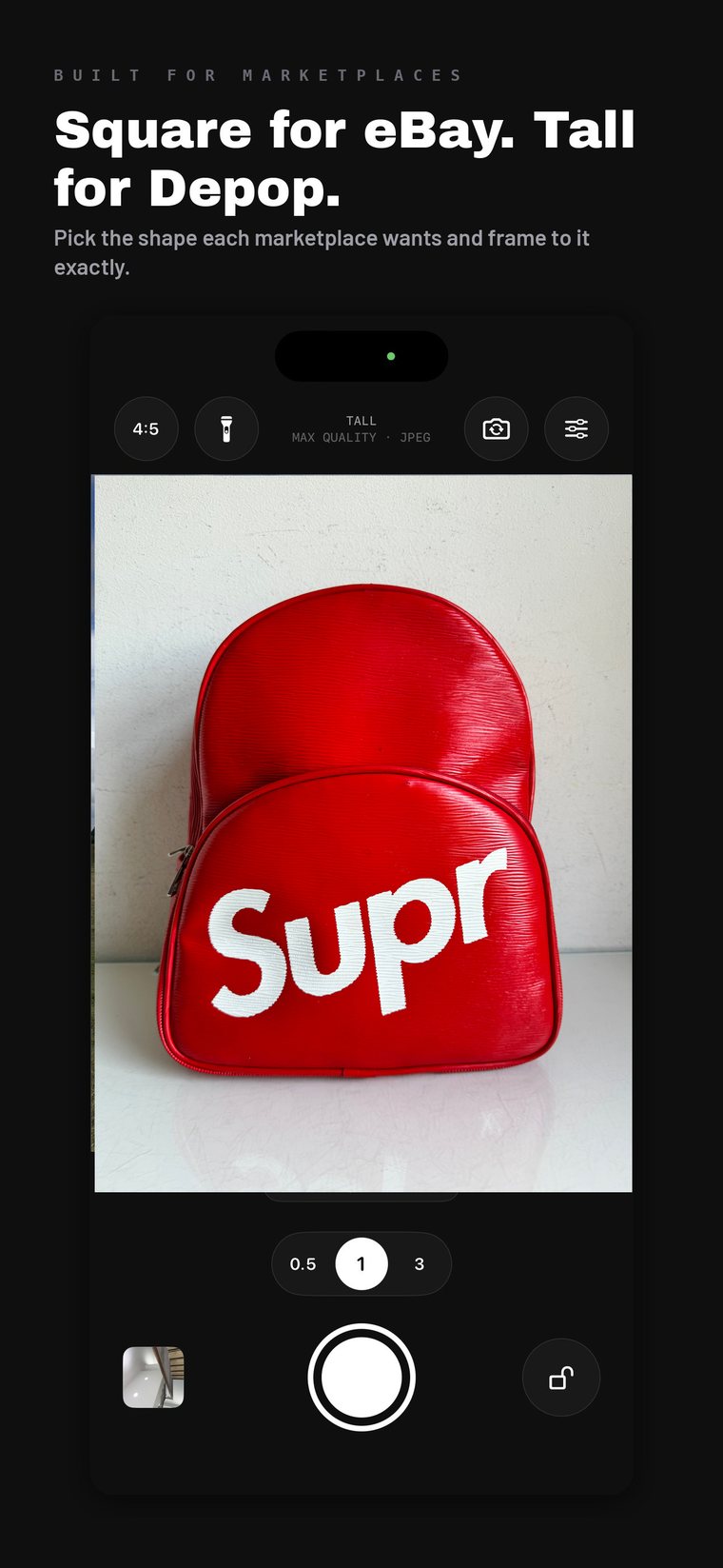 A red backpack framed in the 4:5 tall shape used by Depop and Poshmark