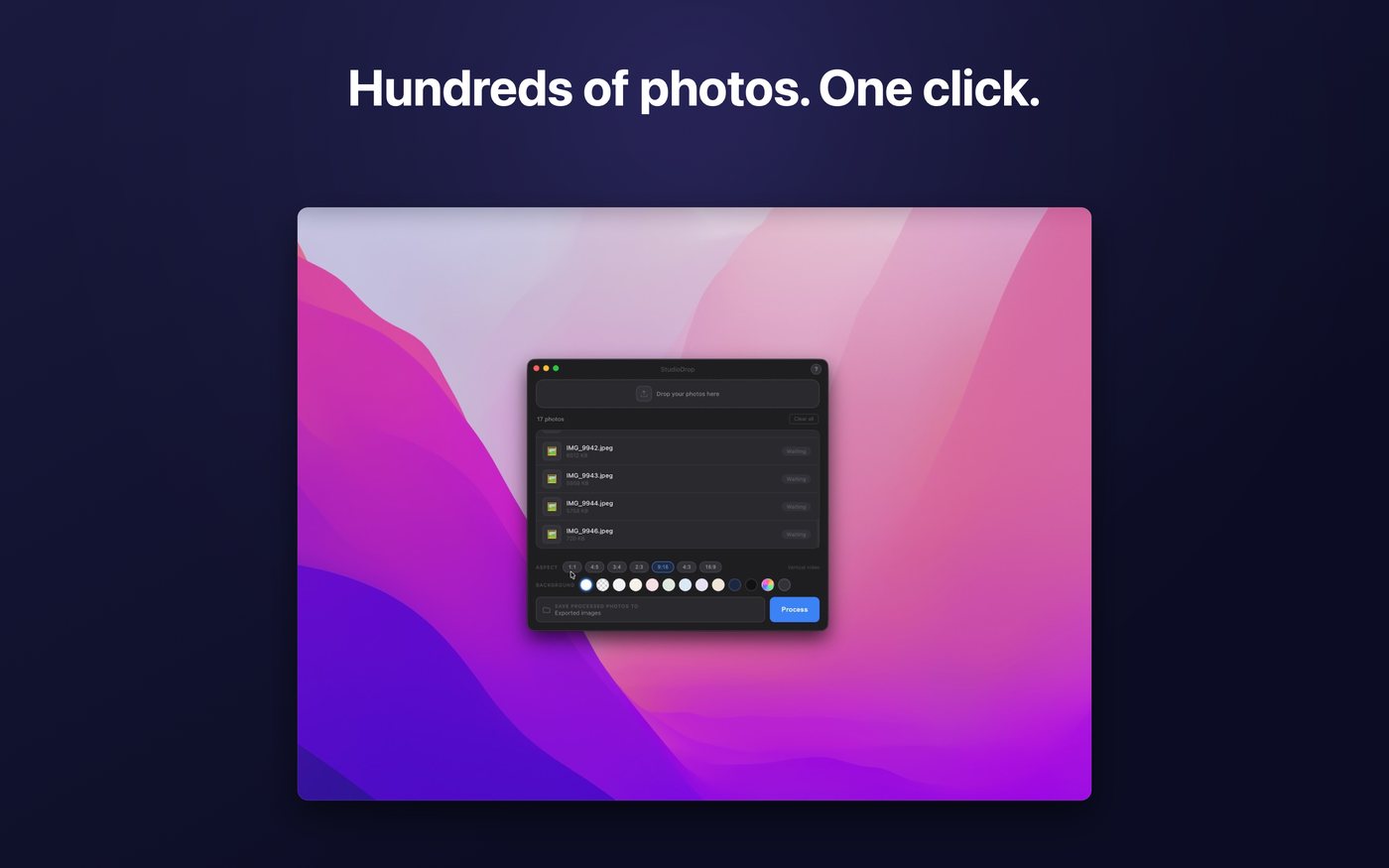 Seventeen photos queued in StudioDrop for Mac, ready to batch process