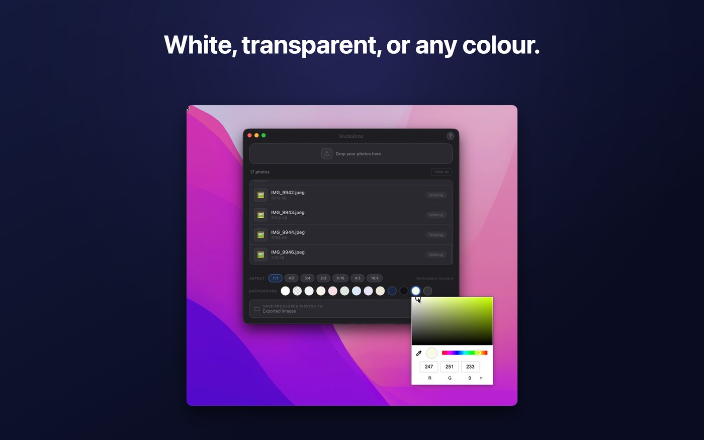 Picking any backdrop colour with the macOS colour picker