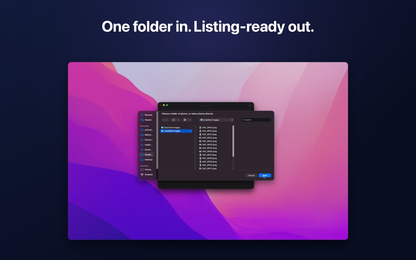 Choosing a folder of unedited photos from Finder
