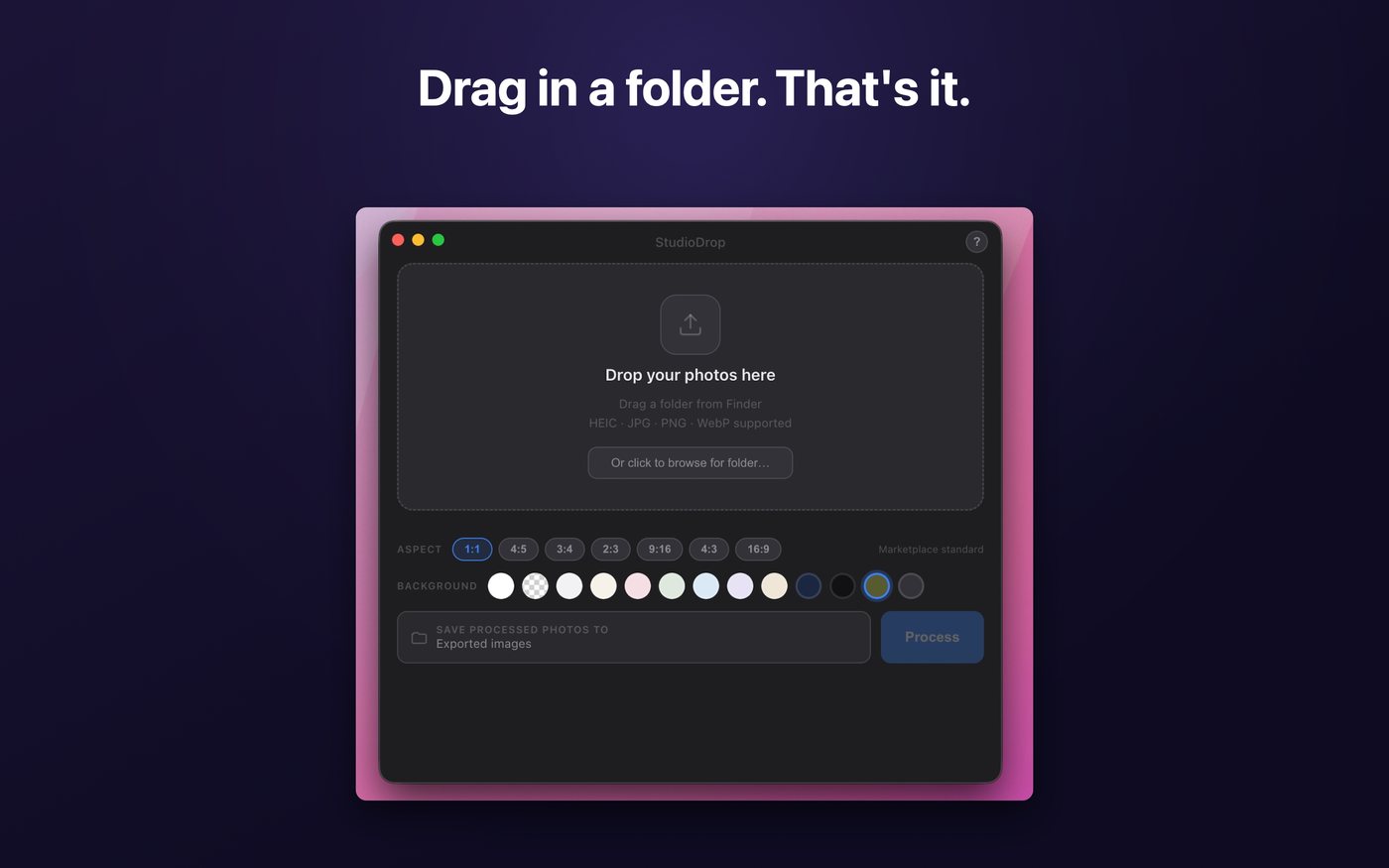 StudioDrop for Mac — drop your photos here, with aspect ratio and backdrop controls