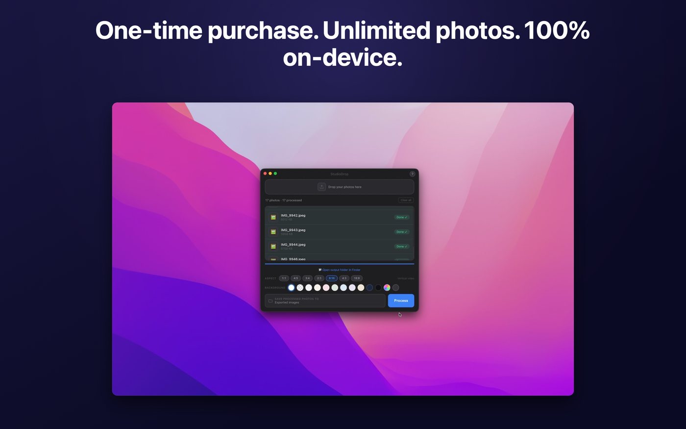 Seventeen of seventeen photos processed, with a link to open the output folder