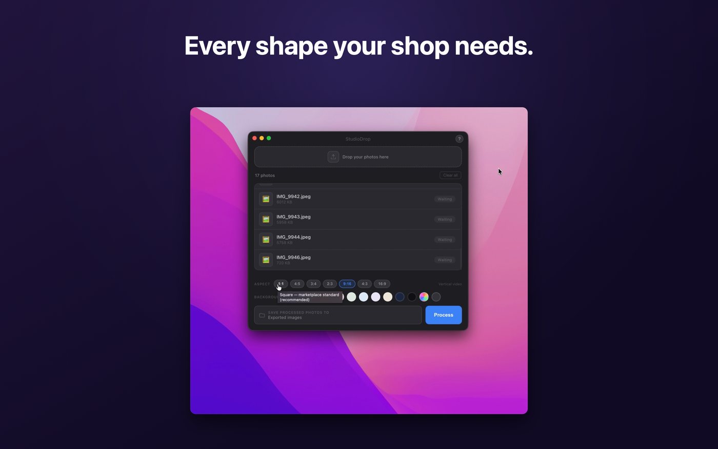 The aspect ratio row, with square marked as the marketplace standard