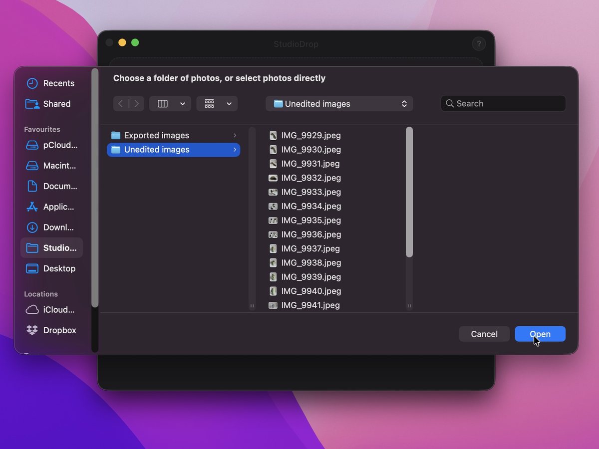 Choosing a folder of unedited photos from Finder inside StudioDrop for Mac